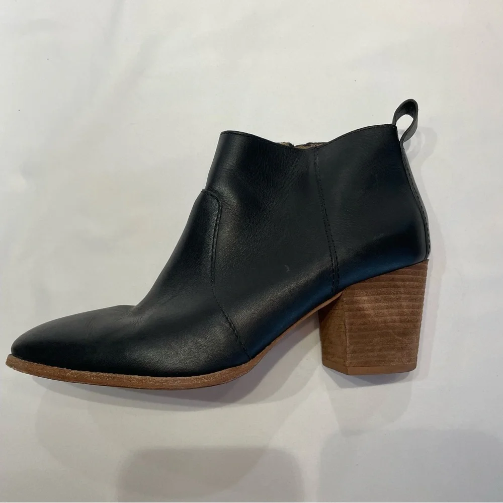 Madewell Womens Black Leather Ankle Boots‎ Side Zipper Wood Block Heel Size 7.5